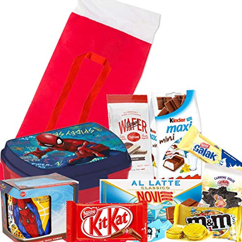 ipt Calzetta della Befana con Tazza e Porta merenda Personaggio a Scelta Regalo Bambini Bimbi Dono Carbone dolcetti Dolci epifania Calza Camino vecchina Scopa (Spiderman)
