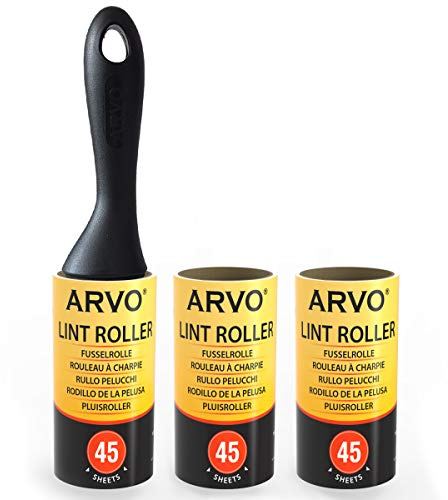 ARVO Fusselrolle, Tierhaarentferner für Kleidung, 3 Pack 135 Blatt, 1 Griff | Katzenhaarentferner und Hundehaarentferner mit Fusselroller-Nachfüllungen für Sofas, Teppiche, Kleidung und Wohntextilien