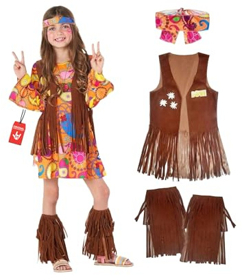 Morph Hippie Kostüm Kinder Mädchen, Hippie Kostüm Mädchen, Schlagermove Outfit, Cowgirl Kostum, Faschingskostüme Kind, Karneval Kostum Kind