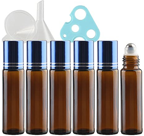 TIANZD 6 Stück Leere 10ml Braun Glas Roller Flaschen mit Blau Alu Schraubverschluss, Roll-On Glasflaschen mit Glasroller für Ätherische Öle Essential Oil mit Trichter Öffner