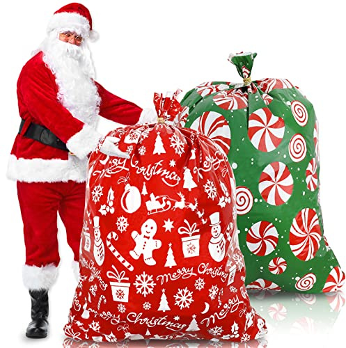 Whaline 2 sacchetti regalo giganti di Natale 91 x 112 cm, in plastica, borsa per regali di Natale, colore: rosso e verde, Babbo Natale e menta piperita, con 2 etichette e nastri, borsa per giocattoli
