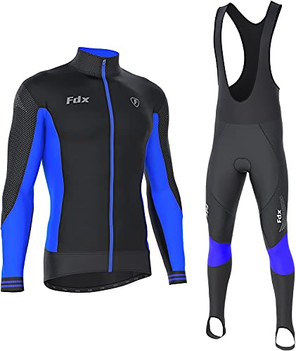 FDX Herren Thermodream Fahrradanzug mit Handschuhen,Socken,leicht,Thermisch,Winddicht,Super Roubaix Fahrradbekleidung Set Langarm Jersey 3D Gepolstert Bib Tight für Fahrradfahren(schwarz/Blau, 3XL)