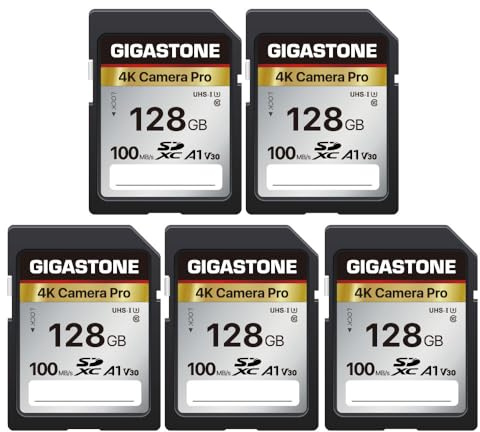 GIGASTONE 128GB SDXC Speicherkarte 5er-Pack, 4K Kamera Pro, bis zu 100 MB/s für Digitalkameras Canon, 4K UHD Videoaufnahmen UHS-I U3 V30 Klasse 10