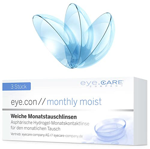 Eye.Con Monthly Moist weiche Monatslinsen – 3 Hydrogel Kontaktlinsen mit Stärke für empfindliche Augen. Contact Lenses mit 55% Wassergehalt BC 8.6mm, DIA 14.3mm (-1.75, 8.6, Millimeter, -1.75)