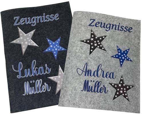Zeugnismappe mit Namen - Mädchen und Jungen - Personalisiert Filz A4 Sterne Blau - Dokumenten Urkunden Mappe Kinder - Hefter Zeugnisse - Sichtbuch