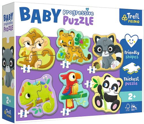 Trefl Primo - Exotische Tiere, Baby Progressive Puzzles - 6 große Puzzles mit Formen, von 2 bis 6 Teilen, dickste Pappe, große Teile, freundliche Puzzleform, Spaß für Kinder ab 2 Jahren