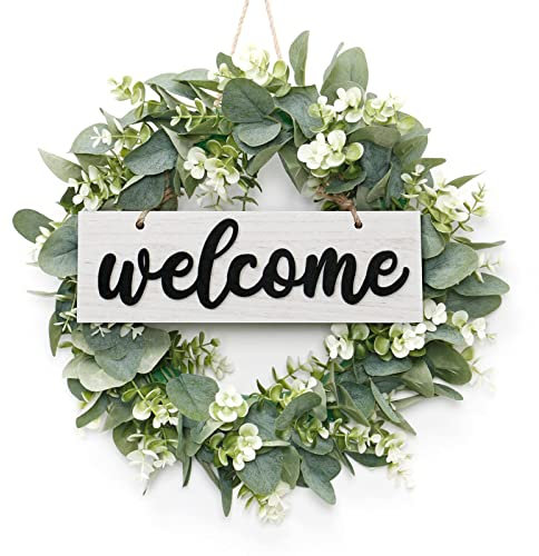SOMYTING Artificial Eucalyptus Wreath with Wooden Welcome Sign,16 Inch Spring wreaths for front door Wall Hanging Accessories Summer Wreath (White Sign)