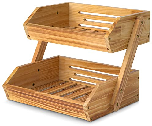 Merysen 2 Tier Wooden Fruit Basket For Kitchen, Bread Vegetable Fruit Basket Bowl Stand, Farmhouse Fruit Bowl for Countertop, Large