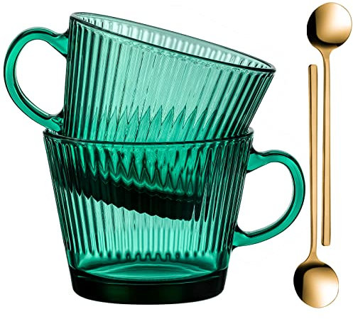 Buaic Glass Coffee Mugs, 14 Oz Set of 2 Vertical Stripes Green Glass Cups Stackable Coffee Cups, Tea Cups, Vintage Mugs for Cappuccino, Latte,Cereal,Beverage Hot/Cold Birthday Day Gifts