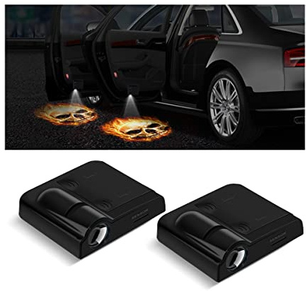 2Pcs Car Door Lights Logo Projector, Wireless LED Car Door Paste Welcome Courtesy Light, Holeless Magnet Sensor Ghost Shadow Welcome Lamp, Naruto Sharingan Light Accessories (Fire Skull)