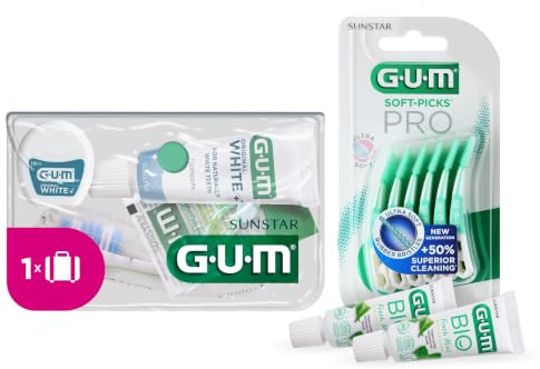 GUM Reise-Set: Zahnbürste, Weiße Zahnpasta, Zahnseide und 2 Soft-Picks mit 2 Bonusproben