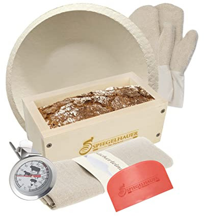 Bäckerei Spiegelhauer Backset Teigschaber, Backrahmen aus Ahornholz, Bäckerleinen, Einstechthermometer, Fausthandschuhe (ein Paar), Gärkörbchen rund