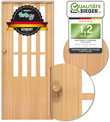 Portango Falttür Buche aus PVC Kunststoff für Innen & Außen Komplettset I faltbare Schiebetür kratzfest und pflegeleicht mit Fenster I anpassbare Breite der Falttüren I Modell PT-13 Boogie