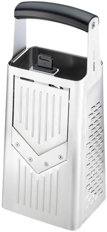 GEFU Vierkantreibe V-CUT – Multifunktionale Küchenreibe Edelstahl mit verstellbarem Hobel, Ideal als Gemüsereibe und -hobel mit Auffangbehälter