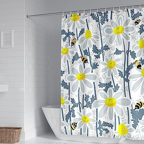Duschvorhang 180X200, Duschvorhang Polyester Gelbgrau Blumen und Bienen Haushaltsduschvorhang
