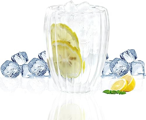 Nexoria Geriffelte Eiskaffeegläser, gestreift, doppelwandig, hitzebeständig, transparent, doppelwandig, Kaffeebecher, Cappuccino, Latte, Espresso-Gläser, Tassen für Kaffee, Tee, Milch (350 ml)