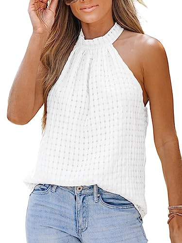 CUPSHE Women Summer Tank Tops Sleeveless Halter Neck Off The Shoulder Vest Tops Tunic Textured Casual Business Cami Blouse Shirt White XL