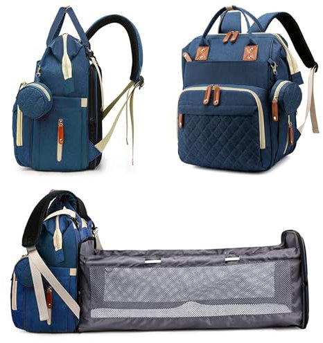 Fexkean Wickeltasche Rucksack Baby Wickelrucksäcke mit Großer Reisewindeltasche mit faltbarem Kinderbett mit Multifunktions Babytaschen Wickelauflage Babybettrucksack-Blue