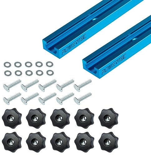 POWERTEC 71890 Lot de 10 boutons de porte en T à double coupe 61 cm avec bouton fileté 7 étoiles 1/4, boulons et rondelles, pour gabarits de travail du bois