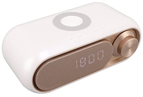 Digital Väckarklockaradio, Trådlös Laddning Väckarklockaradio med Bluetooth-högtalare & Aux, Handsfreesamtal, USB-laddningsport, för Sovrum (White Spray Gold 10W)