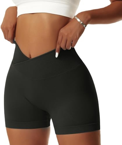 Vertvie Short de gym pour femme, forme V, Stretch, Push Up effet gainant, Short de yoga, Taille haute, Sans coutures, sport, legging court d'été, Noir , XS