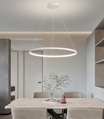 Aleaty Runde Esstisch Hängelampe Modern LED Pendelleuchte Wohnzimmer Kronleuchter Dimmbar Mit Fernbedienung Hängeleuchte Für Büro Wohnzimmer Küchen Leuchten Höhenverstellbar (Weiß, L60cm)