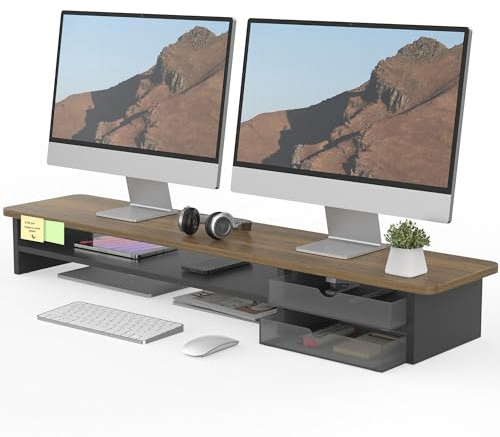 Fenge Réhausseur d'Écran d'Ordinateur avec 2 Tiroirs de Rangement en Acrylique Grand Moniteur Stand pour 2 Moniteurs,TV,PC,Imprimante, 108x23,5x14cm Marron+Noir