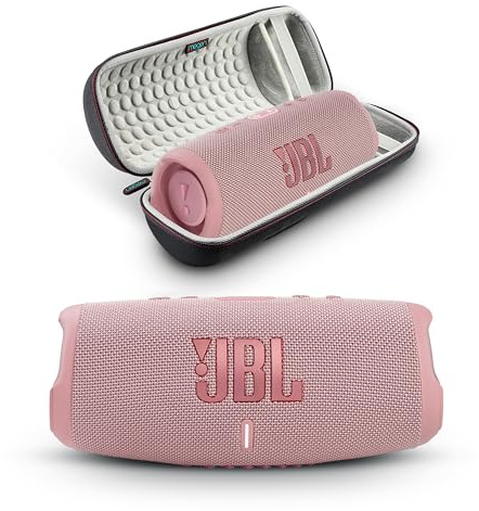 JBL Charge 5 - Haut-parleur Bluetooth portable avec étui de voyage Megen à coque rigide étanche IP67 et sortie de charge USB (rose)