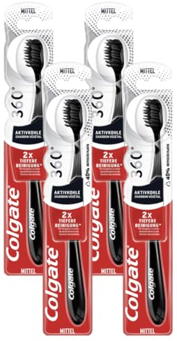 Colgate Zahnbürste 360° Aktivkohle,1 Stück – mit mittelharten Borsten und Aktivkohle für eine gründliche Zahnreinigung – integrierter Wangen- und Zungenreiniger (Packung mit 4)