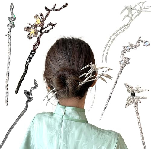 6 Piezas Palo de Pelo, Palillos de Pelo Retro, Palillos de Madera para el Cabello, Aplicar para Mujeres y Niñas, Estilo Clásico Japonés Chino(Plateado y Negro)