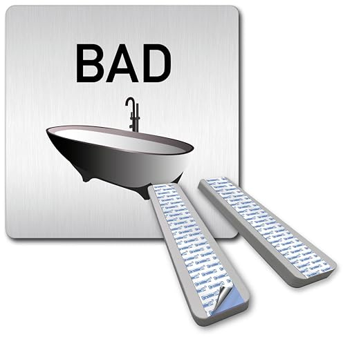 Türschilder24 XXL Schild - Türschild • 125 x 125 mm • Bad - Badezimmer • 1,5 mm Aluminium Vollmaterial • 100% Made in Germany (Bad SW + Abstandshalter)