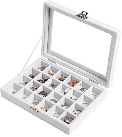 Frebeauty Kleine Schmuckschale mit 24 Fächern Samt mit transparentem Deckel | Tragbares Schmuckkästchen Für Ringe Und Ohrstecker, Samtfutter Zum Schutz, Verstellbare Trennelemente, Glasdeckel Für Sicht