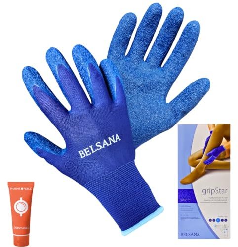 BELSANA GripStar Spezialhandschuhe I Handschuhe zum An- und Ausziehen von Strümpfen, Kompressionsstrümpfe, Stützstrümpfe I Arbeitshandschuhe I Größe M I Spar-Set plus Pharma Perle give-away