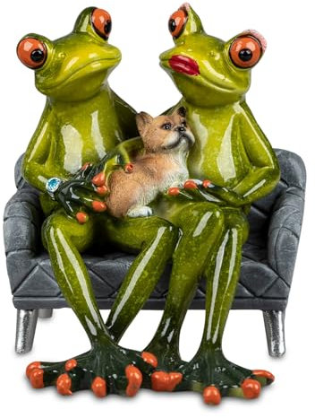 Dekofigur Froschpaar mit Hund | Figur Frosch auf Sofa | Froschfigur | 12x11 cm