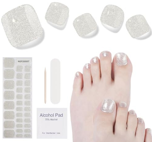 Semi Cured Gel Nail Strips- 32 Pcs Gel Nail Stickers,Silver Toenail Stickers, Works with Any UV Lamp - Easy to Carry Holy Gel& Use and Remove，Suitable for Both Girls and Women