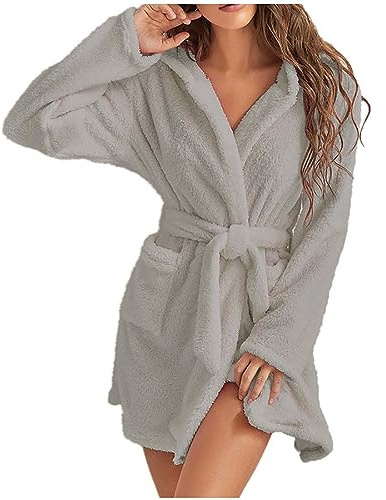 UHouse Bademantel Damen Kurz mit Kapuze Oversized Morgenmantel Leicht Frottee Saunamantel Flauschig Loungewear Fleece Hausmantel Kimono Bathrobe Herbst Winter grau 4XL