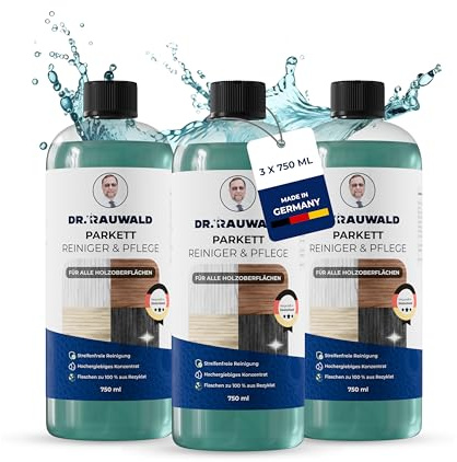 Dr. Rauwald Parkettreiniger 3x 750ml Set Konzentrat, streifenfrei | Jahresvorrat Wischpflege (22,5L) inkl. Dosierhilfe. 2-in-1 für geöltes & lackiertes Parkett, Dielen, Vinyl & Linoleum.