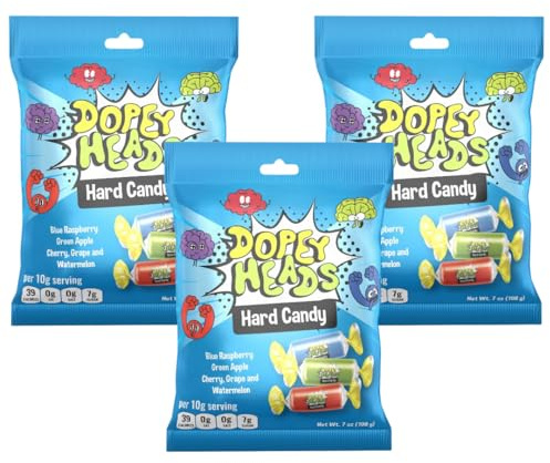 Dopey Heads | HALAL | Assorted Hard Candy | Five Flavours | Blue Raspberry | Apple | Cherry | Grape | Watermelon | Pack of 3 | Weight 198g (7 oz) Each (Assorted Hard Candy)