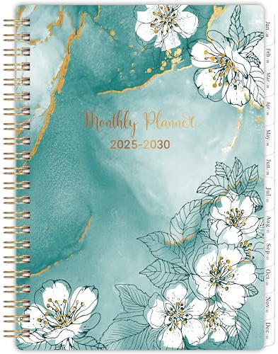 Agenda mensile 2025-2030, 5 anni 2025-2030, calendario 5 anni rilegato a spirale, luglio 2025 - giugno 2030, 16 x 21,3 cm, copertina in polipropilene resistente, rilegatura a doppio filo + linguette