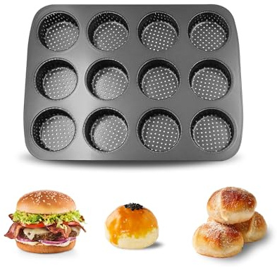 Gurlideo Cupcake Mould, Cups Perforated Mince Pie Bread Tray for 12 Rolls with Non-Stick Coating for Burgers, Bread, Rolls, Puffs, Tartlets (12 Cupcake Pan)