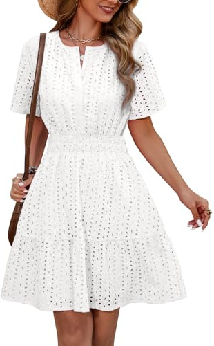 Yuson Girl Vestito Estivo Donna Scollo a V Corto Maniche Corte Cotton Comodo Abito Mare Spiaggia Casuale Eleganti Vita Alta Mini