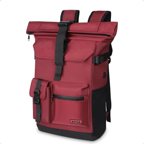 KYYLZ Rucksack Damen,Rolltop Rucksack Herren,28L Groß Schulrucksack Rucksack Wasserdicht mit Laptopfach 17.3 Zoll,Tagesrucksäcke Reiserucksack Lässiger Backpack Freizeit Uni Arbeit Wandern (Rot)