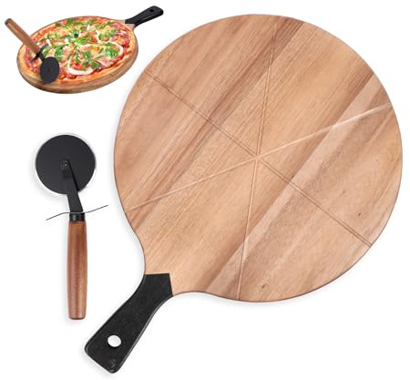 MiCasa SuCasa Pizza Set Schneidebrett 30 cm aus Holz und Pizzaroller