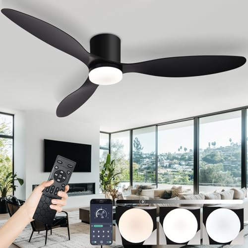 AQLEDY Large Ceiling Fan Lights and Remote for Bedroom, Modern Indoor Low Profile Ceiling Fan with Lamps, 6-Speed Silent DC Motor, Memory Function Dimmable Led, for Living Room Lounge-Black||42in