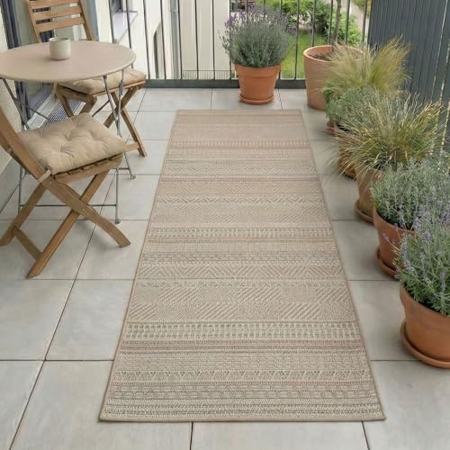 Carpetsale24 Outdoor Teppich Beige 80x250 cm Läufer, Wetterfest & UV-beständig, ideal für Küche, Balkon, Terrasse auch Wohnzimmer und Esszimmer, Skandinavisches Boho-Design, Leicht zu Reinigen