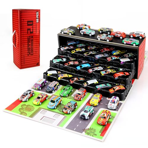 Welmay 60Pcs Pull Back Cars Toys for Kids, Toy Car Storage with Organizer Box & Play Mat, Collapsible Mini Toy Car Garage Parking Lot, Small Play Car Set for Boy & Girl Aged 3+ Party Birthday Gifts