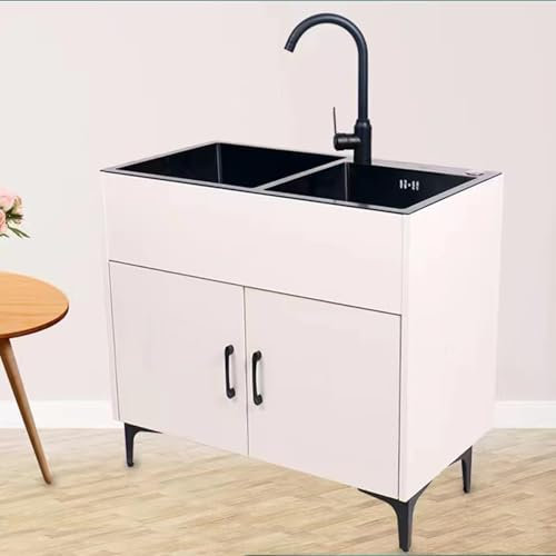 SdaryWare Lavandino Bianco per Lavanderia con mobiletto, lavello e mobiletto in Acciaio Inox, con Rubinetto per Acqua Calda e Fredda e scolapiatti, per Cucina di lav