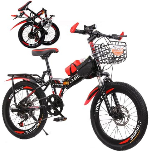 VHVYWY Bicicleta Urbana para Mujer de 18/20/22/24 Pulgadas, Portátil Bicicletas Plegable para Adultos y Niños para 8 a 15 Años, con Amortiguador y Freno de Disco Doble Black Red,20IN