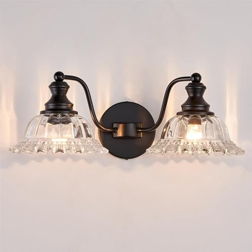 Mengjay Wandleuchte Schwarz Innen,Spiegelleuchte Bad Spiegellampe Vintage G9 Wandlampe 2 Flamming mit Glasschirm, Retro Metall Badezimmer Lampe Wand Modern Wandbeleuchtung (Schwarz, 2 Flammig)