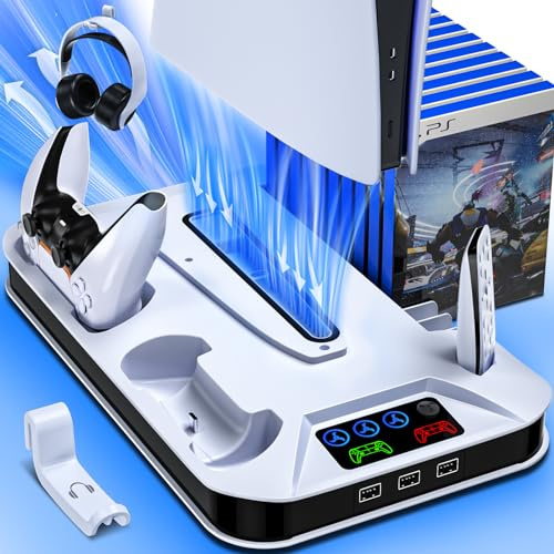 Standfuß Kühler mit Controller Ladestation für PlayStation 5 Disc/Digital | Ständer Zubehör für PS5/Slim/Pro Konsole inkl. Controller Ladestation, Lüfter, Headset Halterung, 3 USB Hub, Schraube, Weiß